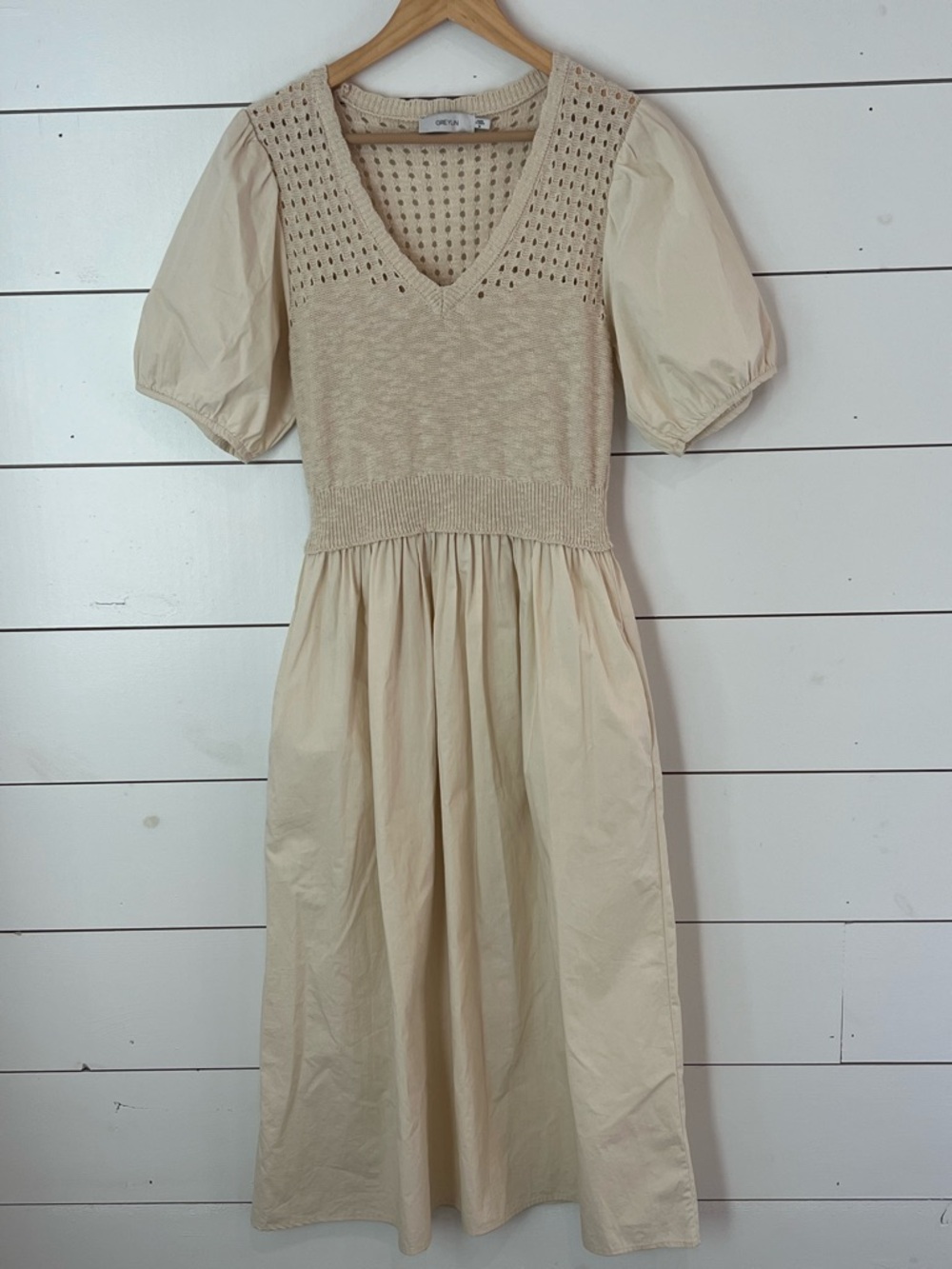 Anthropologie Greylin BARKLEY CROCHET KNIT MIX POPLIN DRESS / NATURAL